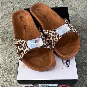 Beverly Feldman Leopard Print Sandals with Crystal Accent